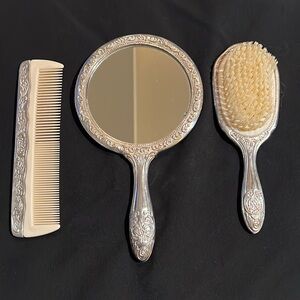 Vanity mirror, brush comb set vintage silver plated